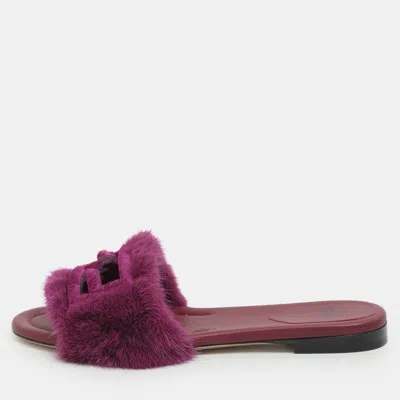 Pre-owned Fendi Purple Mink Fur Baguette Flat Slides Size 37