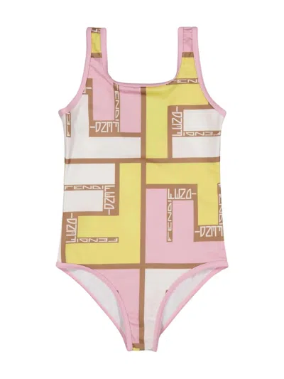 Fendi Kids'  Puzzle Swimsuit In Oq Pink