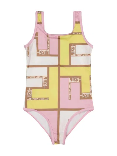 Fendi Babies'  Puzzle Swimsuit In Pink & Purple