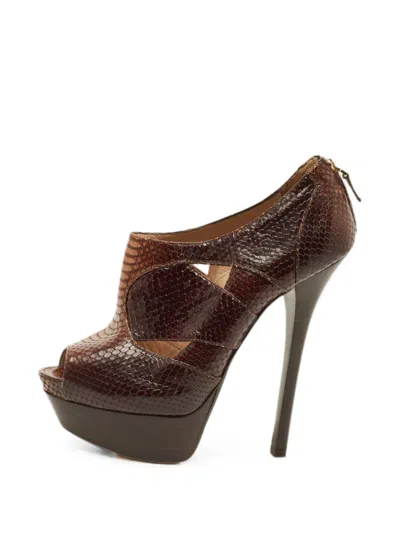Pre-owned Fendi Python-embossed Peep-toe Sandals In Brown