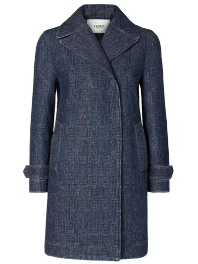 Fendi Quilted Ff Motif Double-breasted Straight-fit Denim Midi Jacket With Hidden Snaps In Blu