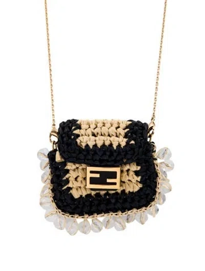 Pre-owned Fendi Raffia & Bead Micro Baguette Pendant Necklace, 52" In Black