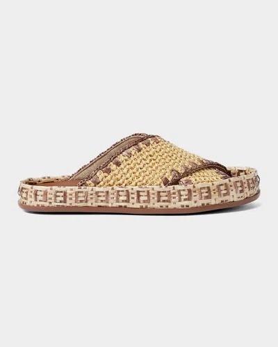 Fendi Raffia Crisscross Flat Slide Sandals In Multi