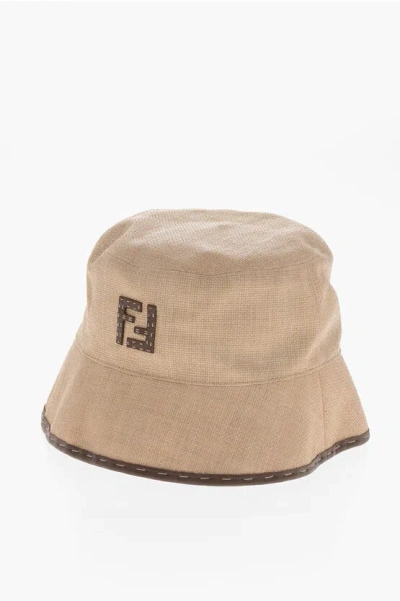 Fendi Raffia Effect Bucket Hat With Leather Details In Neutral