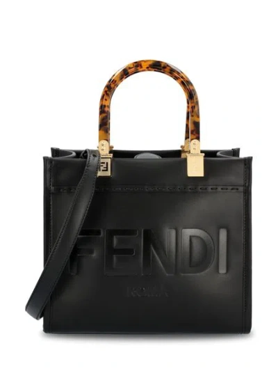 Fendi Raffia/canvas Sunshine Tote Bag In Black