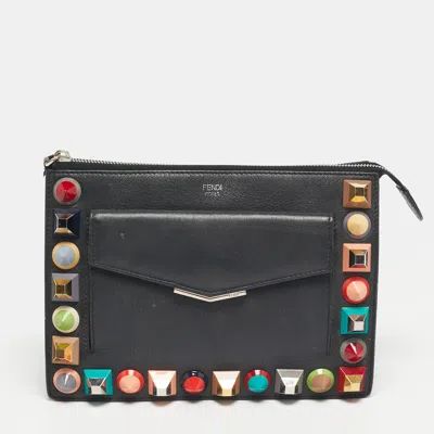 Pre-owned Fendi Rainbow Studded Black Leather Crossbody Bag