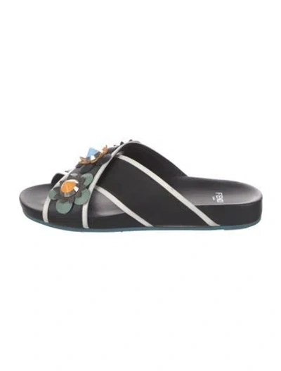 Pre-owned Fendi Rainbow Studs Leather Slides In Black