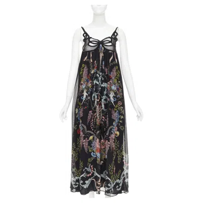 Pre-owned Fendi Rare  2017 Riwau Blazon Cherub Gauze Black Silk Empire Gown Dress Fr38 M