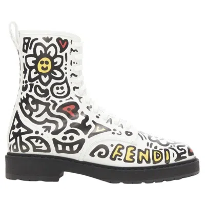 Pre-owned Fendi Rare  Mr Doodle White Logo Graffiti Print Laced Combat Ankle Boot Eu36