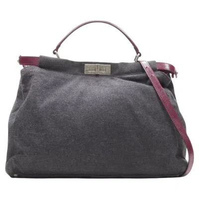 Pre-owned Fendi Rare  Peekaboo Grey Wool Burgundy Textured Leather Shoulder Satchel Bag In Red
