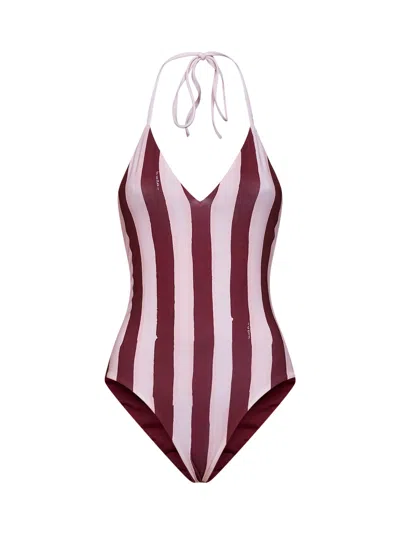 Fendi Red And Pink Lycra Pequin Reversible One-piece Swimsuit In Brown