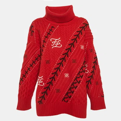 Pre-owned Fendi Red Ff Intarsia Wool Turtle Neck Sweater S