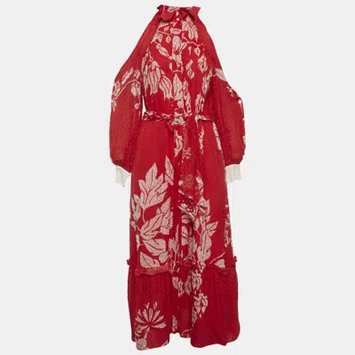 Pre-owned Fendi Red Floral Print Brocade Mock Neck Maxi Dress S