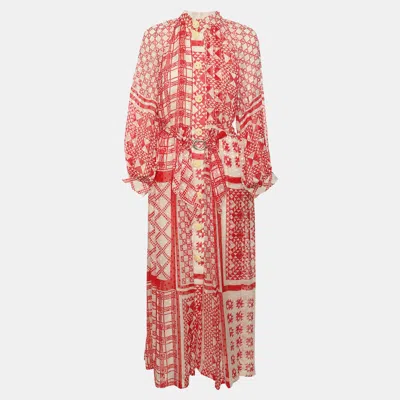 Pre-owned Fendi Red Geometric Printed Silk Belted Maxi Dress L