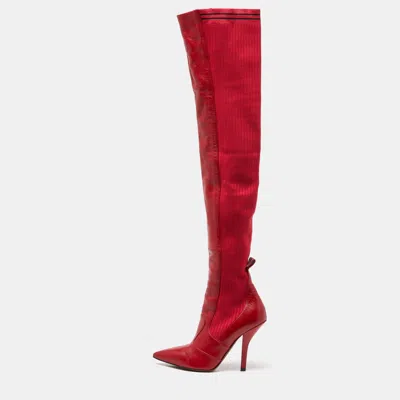 Pre-owned Fendi Red Leather And Fabric Rockoko Over The Knee Length Pointed Toe Boots Size 40