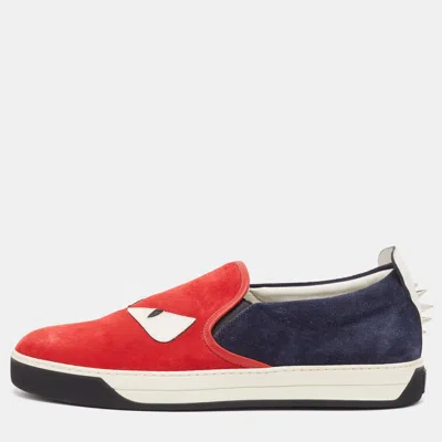 Pre-owned Fendi Red Leather And Suede Monster Slip On Sneakers Size 44