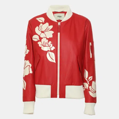 Pre-owned Fendi Red Leather Floral Applique Bomber Jacket M