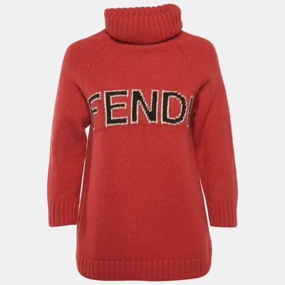 Pre-owned Fendi Red Logo Intarsia Wool Knit Turtle Neck Sweater M