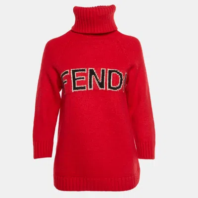 Pre-owned Fendi Red Logo Intarsia Wool Knit Turtle Neck Sweater M