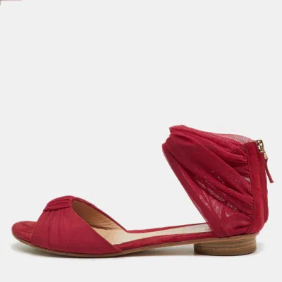 Pre-owned Fendi Red Mesh And Suede Ankle Wrap Flat Sandals Size 37