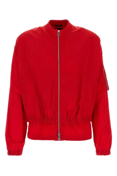 Fendi Nylon Bomber Jacket Elastic Cuffs Hem Pockets In Red