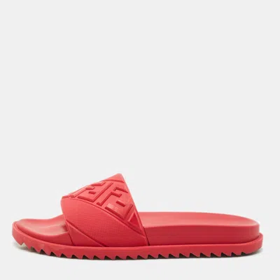Pre-owned Fendi Red Rubber Ff Embossed Logo Pool Slide Sandals Size 42