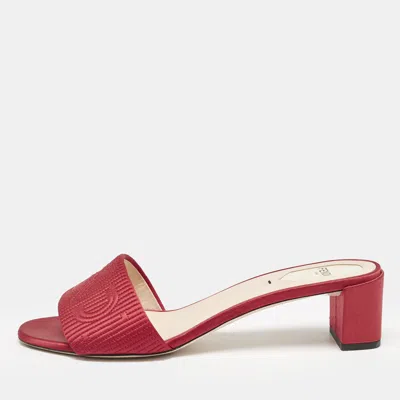 Pre-owned Fendi Red Satin Logo Embroidered Block Heel Slide Sandals Size 40