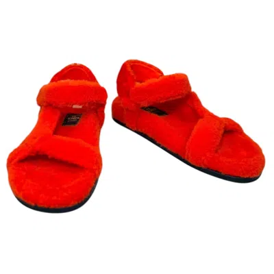 Pre-owned Fendi Red Shearling Flat Sandals, Italy, Size 40