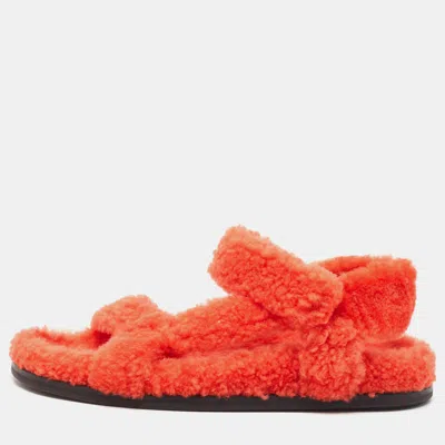 Pre-owned Fendi Red Shearling Fur Ankle Strap Flat Sandals Size 37.5