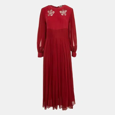 Pre-owned Fendi Red Silk And Crepe Pleated Cocktail Maxi Dress L
