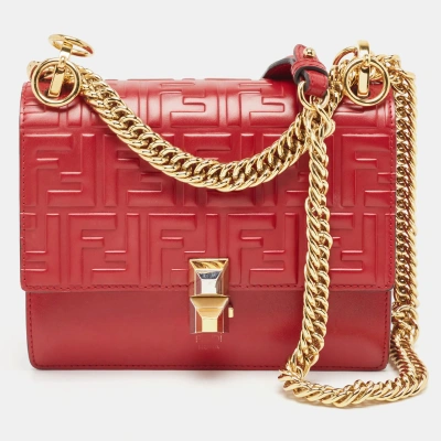 Pre-owned Fendi Red Zucca Embossed Leather Small Kan I Flap Shoulder Bag