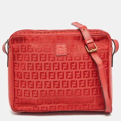 Pre-owned Fendi Red Zucchino Canvas And Leather Crossbody Bag