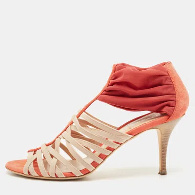 Pre-owned Fendi Red/beige Suede And Elastic Strappy Sandals Size 38