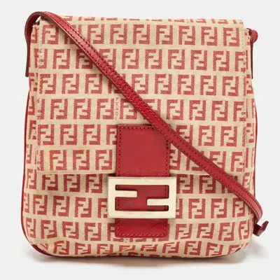 Pre-owned Fendi Red/beige Zucchino Fabric And Leather Flap Messenger Bag