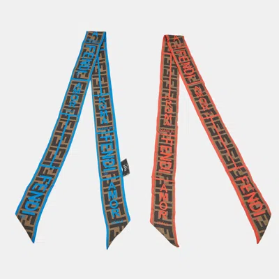 Pre-owned Fendi Red/blue Monogram Silk Wrappy Bandeau Scarf Set In Brown