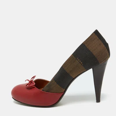 Pre-owned Fendi Red/brown Leather And Pequin Canvas Bow Pumps Size 37