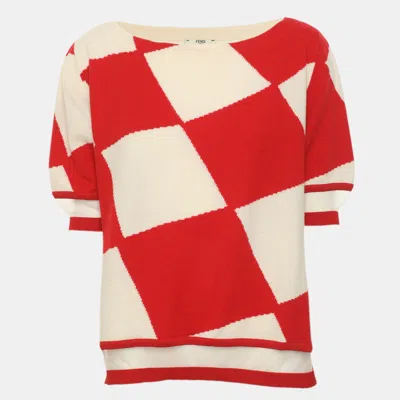 Pre-owned Fendi Red/off White Knit Half Sleeve Sweater M