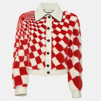 Pre-owned Fendi Red/white Quilt Motif Mink Fur And Leather Cropped Jacket S
