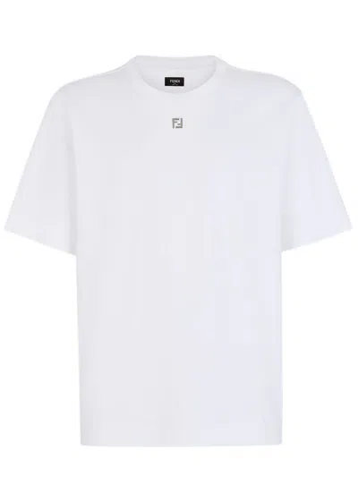 Fendi Regular-fit Cotton T-shirt With Crew Neck And Short Sleeves And Mini Ff Metal Applique In White