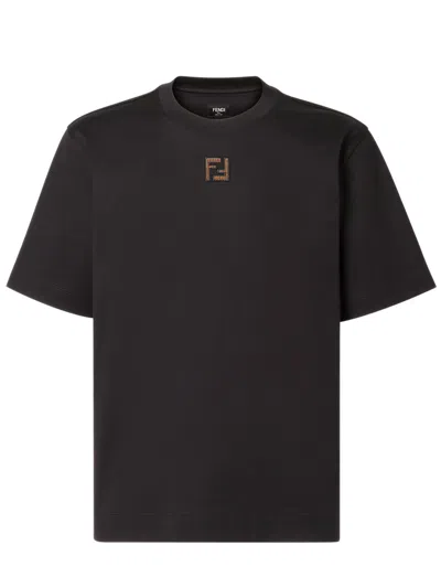 Fendi Regular-fit Short-sleeve Crew-neck Cotton T-shirt With Front Mini-scale Ff Motif In Corduroy In Black