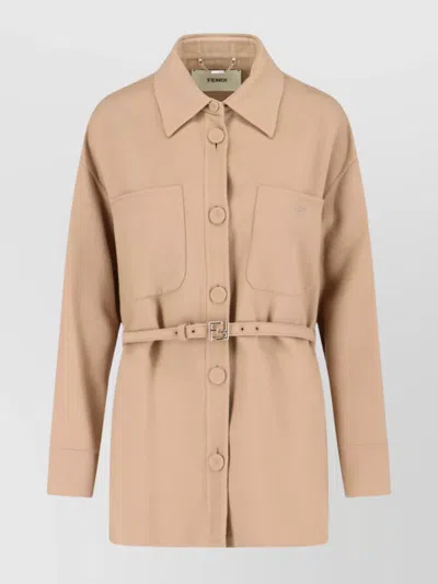 Fendi Relaxed Fit Jacket With Belt And Pockets In Neutral