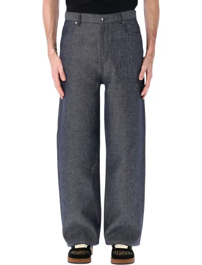 Fendi Relaxed Light Blue Linen Cotton Denim Jeans In Gray