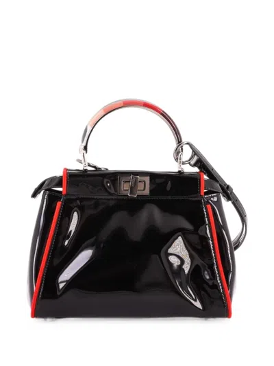 Pre-owned Fendi Resin Handle Peekaboo Bag Patent Mini Shoulder Bag In Black