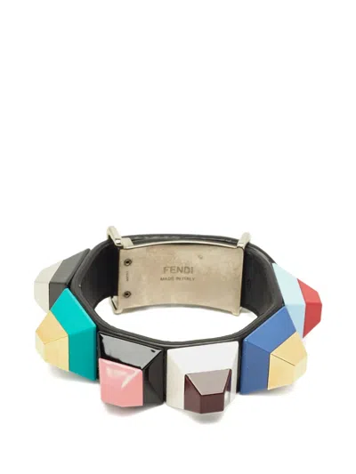 Pre-owned Fendi Resin Studs Leather Bracelet In Black