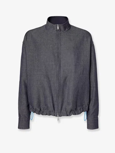 Fendi Reversible Denim Jacket With Embroidered Ff Logo In Gray