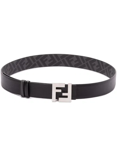 Fendi Reversible Leather And Canvas Belt In Black