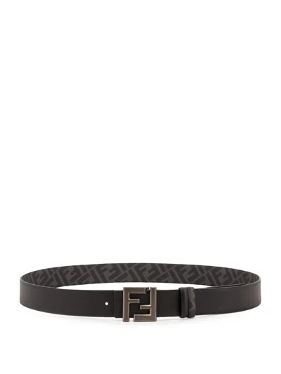 Fendi Reversible Leather And Ff Fabric Belt In Black