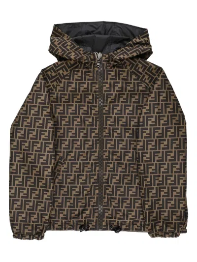 Fendi Kids' Reversible Padded Nylon Jacket With Hood And Ff In Brown