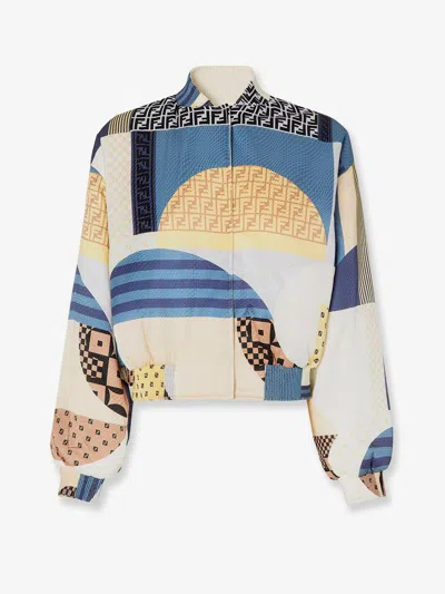 Fendi Blue Silk Reversible Bomber Jacket With Patchwork Print