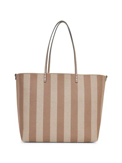 Fendi Reversible Pequin Ff Striped Fabric Shopper In Brown